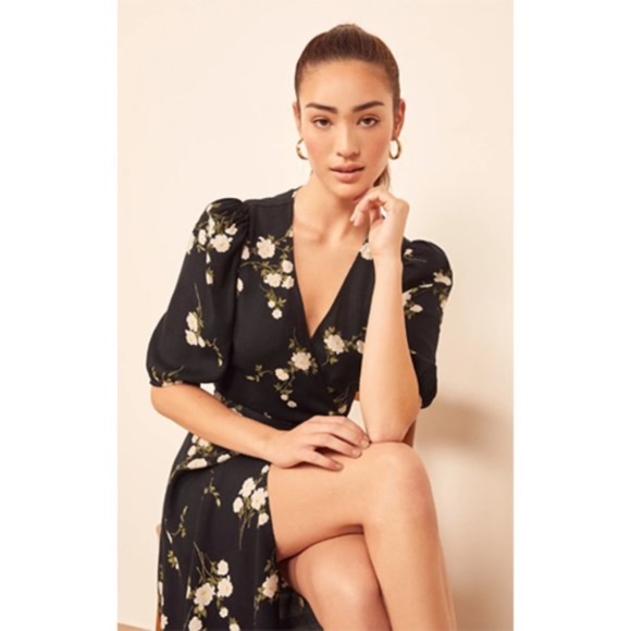 NWT Reformation Christa Puff Sleeve Black Floral Midi Wrap Dress XS - Picture 3 of 9